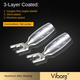 Viborg VS701R HiFi Speaker Y Spade Connectors, 4X Rhodium-Plated Pure Copper Fork Spades Dual Screw Locking Speaker Connectors, Speaker Fork Spade Plug 45 Degree with Allen Wrench for Speaker Wire