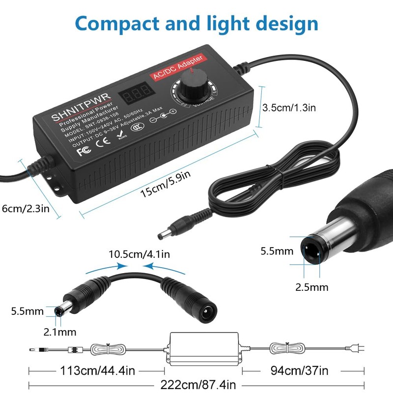SHNITPWR Universal Power Supply Adjustable DC 24V 12V 9V 14V