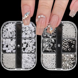 3D Nail Charms,2 Boxes 6 Grids Nail Pearls Rhinestone Nail Art Beads Nail Accessories Set,Heart Moon Geometric Shapes Flaback Nail Art Decorations for Women Girls Manicure Design DIY Crafts