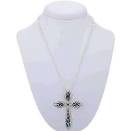 Santa Fe Cross Sterling Pendant With Silver Chain Turquoise Coral Inlay Design 0005