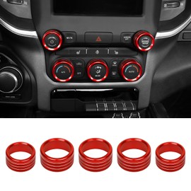 RT-TCZ Center Control AC Radio Switch Knob Cover Volume Tune Switch Knob Button Cover Trim Ring Aluminium Alloy Interior Accessories for Dodge RAM 2018-2022 5PCS,Red