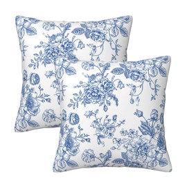Chinoiserie Blue and White Pillow Covers 18x18 Set of 2, Flower Floral Throw Pillow Covers Outdoor Decorative Pillow Case for Couch Bed Sofa Cushion Home Decor