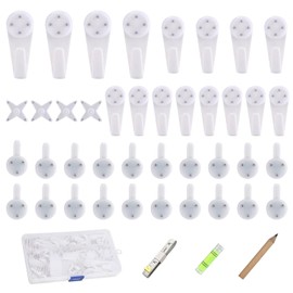 SLEEKEE Pack of 41 Traceless Hard Wall Picture Hooks with 1 Storage Box, Photo Frame Mounting Easel, Traceless Picture Frame Hooks, Hard Wall Drywall Hanging Picture Board (White)