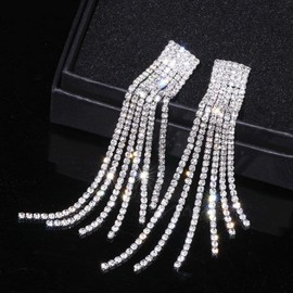 Silver Colour Rhinestone Crystal Long Tassel Earrings for Women Bridal Drop Dangle Earrings Wedding Jewellery