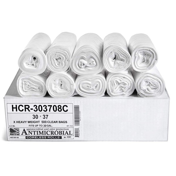 Aluf Plastics HCR-303708C High Density Star Sealed Coreless Roll Bags, 30 gal, Polyethylene, 30" x 37", Clear (Pack of 500)