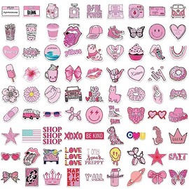 102 Pcs Preppy Stickers Vinyl Aesthetic Waterproof Stickers Adorable Decor Supplies Pink Party Suitable for Mobile Phone Computer Skateboard Water Bottle Suitcase Car etc