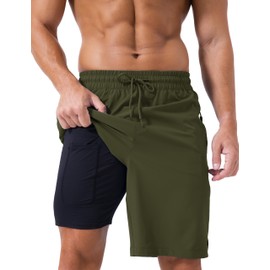 TACVASEN Mens Bathing Shorts with Compression Lining Men's Surfing Trunks with Solid Pockets Summer Swimming Trunks Diving Shorts Army Green 40