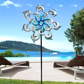 Qobumy Dolphin Wind Spinners Garden Stake, 39" Metal Dolphins Wind Spinner Outdoor Decorations- Outside Lawn Stake Wind Sculptures for Yard Patio,Lawn & Garden Art Decor
