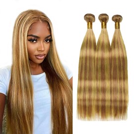 Honey Blonde Highlight Bundles Human Hair P2730 Straight Bundles Ombre Light Brown Bundle 16 16 16 Inch Brazilian Remy Hair Extensions Healthy and Soft