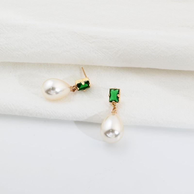 Pearl Drop Earrings with Emerald Green Crystal, 18K Gold Plated,
