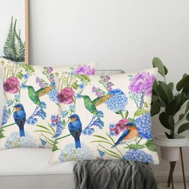Smilyard Spring Summer Birds Flower Throw Pillow Cover 18x18 Inch Set of 2 Hummingbirds Hydrangea Blue Floral Plant Rustic Farmhouse Decoration Pillows Cushion Case for Sofa Couch