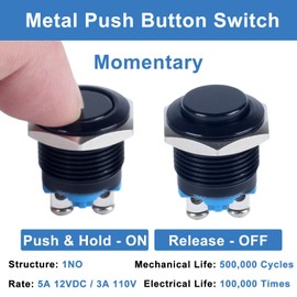 DMWD 2-Pack 16mm Metal Momentary Push Button Switch Screw Terminals 12V 24V 36V DC 110V 250V AC 5A 1NO ON-Off 5/8" Mounting Hole (Black Shell High Head)