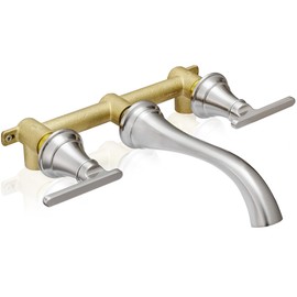 HOIGY Brass Wall Mount Tub Filler, High Flow 8" Spout Reach Brushed Nickel Bathtub Faucet, 2 Handles Tub Faucets, Rough in Valve Included