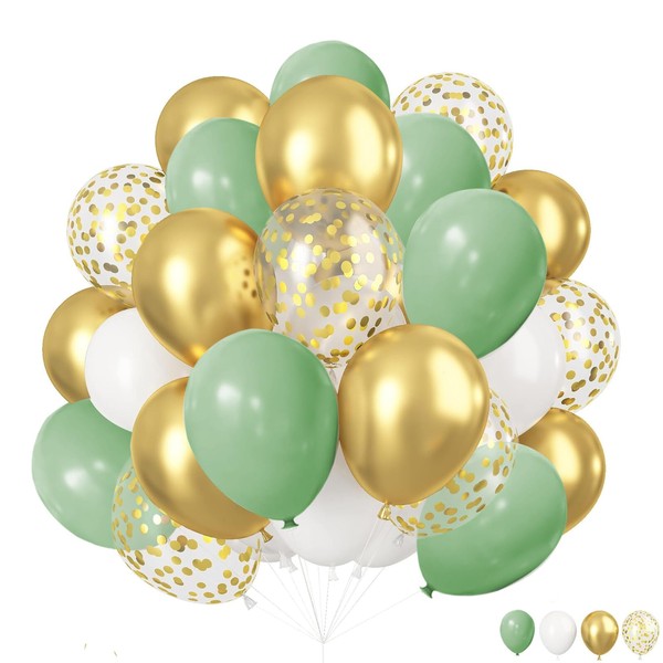 ZOOYOO 50pcs Balloons 12 Inch Sage Green Gold White Confetti