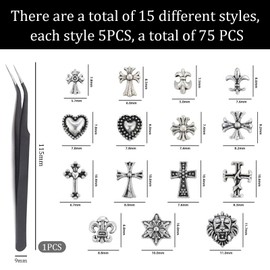 Nayyana® 75 Pieces 3D Cross Nail Charms, 3D Chrome Nail Charms, Vintage Gothic Retro Punk Crosses, Hearts, Skulls, Mixed Silver, Nail Charms for Cross Charms for Nails