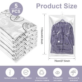 MILEBAS Hanging Vacuum Storage Bags 5 Pack, Space Saver Garment Bags 43.3 x27.6 inch, Vacuum Seal Bags for Clothing for Jacket, Suits, Dress, Clothing, Space Saver Bags With Hook