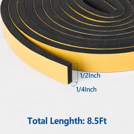 Kikerike Self Adhesive Foam Tape Weatherstrip 1/2In x 1/4In x 8.5Ft High Density Foam Insulation Strips Seal Weather Stripping with Strong Adhesive for Door and Window Sound Isolation Soundproofing