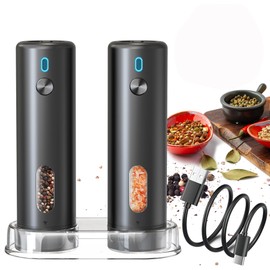 Electric Salt and Pepper Grinder Set Automatic Pepper Mill Shakers Adjustable Coarseness Easy Filling Upgraded USB Rechargeable Electric Spice Mill Set with Led (2 Pack Black/Black）
