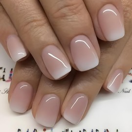 Wugbc Press on Nails Short Square French Fake Nails Full Cover Glossy Acrylic Press on Nails Reusable Glue on Nails Ombre Nude False Nails Kit for Women Manicure Nail Art Decoration 24PCS