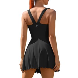 ATTRACO Golf Dresses for Women Scalloped Athletic Skirts V Back Black Tennis Dress Sleeveless S