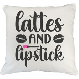 Lattes & Lipstick w/Lips Design - Beauty Themed Merch for Makeup Artist or Cosmetologist, Gift for Makeup Lovers, Pillow Cover, White 18X18 in