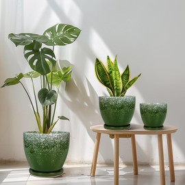 EPFamily Ceramic Planters 3 Pack - 10 Inch 8 Inch 6 Inch Plant Pots for Indoor Outdoor, Round Decorative Flower Pots with Drainage Holes and Saucers, Garden Home Decor, Gift for Women Men, Green