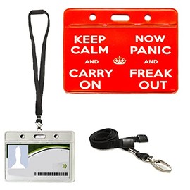 11 Designs Cool ID Badge Holders + Option of Metal Lobster Clip Lanyard Neck Strap - Work Pass School College Credit Card University (Keep Calm Freak Out ID Badge with Lanyard)