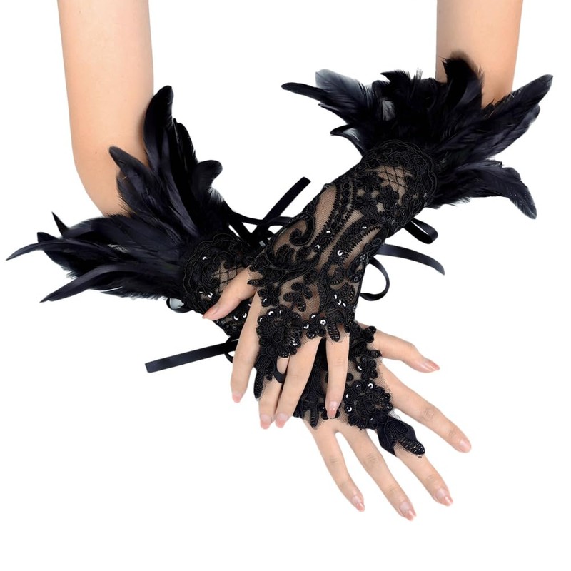 Laroal 1 Pair Women'S Black Feather Lace Long Gloves Sleeve