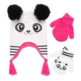 ABG Accessories Girls Critter Winter Hat and 2 Pair Gloves or Mittens (Toddler/Little Girls), Size Age 2-4, Panda Mittens