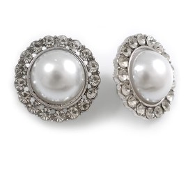 Round Faux Pearl Clear Crystal Clip on Earrings in Silver Tone/25mm in Diameter