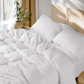 SONORO KATE 100% French Linen Duvet Cover King Size, Soft Breathable for Hot Sleepers, Moisture Wicking & Durable Cover Set - Zipper Closure & 4 Corner Ties Duvet Covers 3 Piece (White,King)