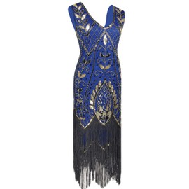 Women 1920S V Neck Sequined Beaded Gatsby Flapper Dress with 20s Accessories Set (S, Style Flora Gold Blue)