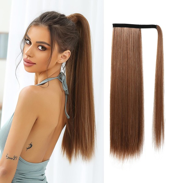 OUFEI Ponytail Extension Copper Brown Highlights Long Straight Synthetic Extensions