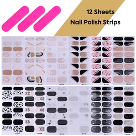 Full Wraps Nail Strips Stickers - 12 Sheets Black Sparkles Nail Polish Strips Marble Bow DIY Self Adhesive Art Decals for Women Girl with Nail Files Nail Art Decoration Accessories