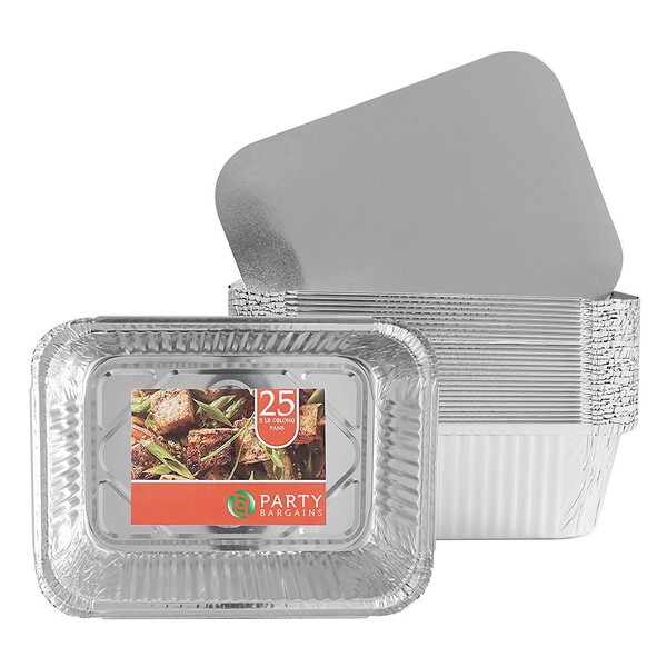 Party Bargains 9 x 7 Inches Aluminum Foil Pans - 5 Lb Capacity, Oblong Food Container Set with Board Lids - Hot and Cold Use (5LB Pan, 25 COUNT)