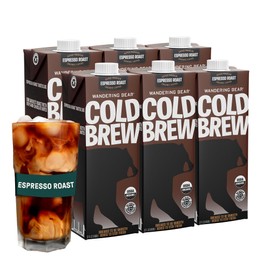 Wandering Bear Espresso Roast Organic Cold Brew Coffee, 32 fl oz, 6 pack - Extra Strong, Bold, Smooth, Unsweetened, Shelf-Stable, Ready to Drink, 100% Organic, Iced Cold Brewed Coffee Drinks