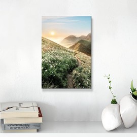 Sunrise Painting Canvas Wall Art: Vertical Great Smoky Mountains National Park Picture Green Glassland Flowers Prints Nature Landscape Artwork for Bathroom Living Room Home Office