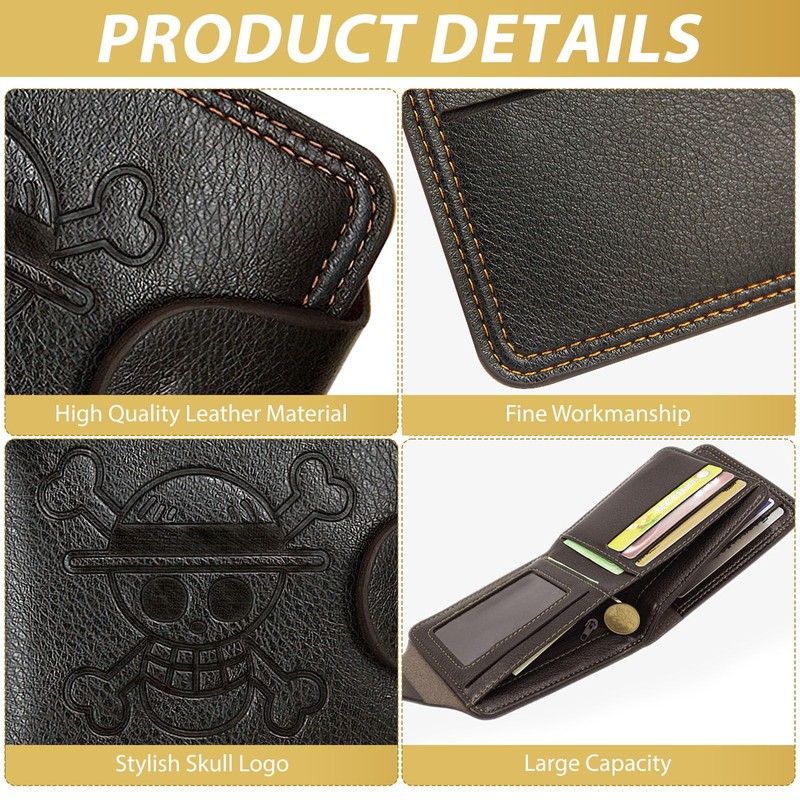 LbsAMP Leather Anime Wallet with Keychain and Skull Ring, Black