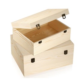 Aulufft 2 Pack Large Unfinished Wooden Box with Hinged Lid, 14”x10.4”x 6.5", 12"x 9"x4.9" Crafts Wooden Storage Natural Pine Wooden Box for DIY Crafts Art Gifts Jewelry Home Storage Box
