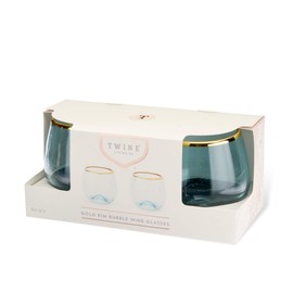 Twine Aqua Bubble Stemless Wine Glass Set, 12 oz, Blue and Gold