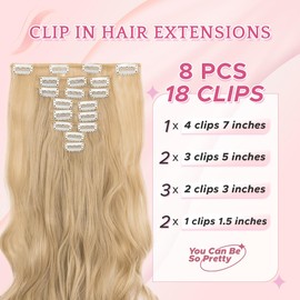 SEGO Pro Clip in Hair Extensions 8 Pcs 18 Clips Full Head Synthetic Fiber Hair Pieces for Women, Curly 17 Inch (Natural Blonde & Bleach Blonde)