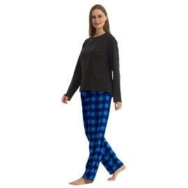 LNFINTDO Fleece Pajamas Womens Set Long Sleeve Top & Plaid Pajama Bottoms Soft Nightwear Loungewear Warm Pjs Sets 2 Pieces