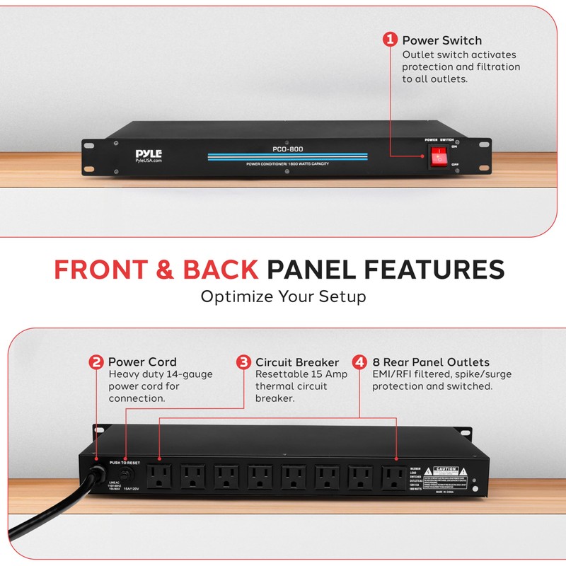 Pyle 1800W 8-Outlet Rack Mount Power Conditioner - 15 Amp