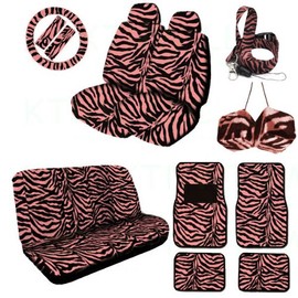 A Complete Animal Print Seat Cover and Accessories Set 2 Low Back Seat Covers with Headrest Cover, Bench Seat Cover, Wheel Cover, 2 Shoulder Pads, 2 Front Floor Mats, 2 Rear Floor Mat, Hanging Dice and Lanyard Key Chain - Zebra Pink - Zebra Pink