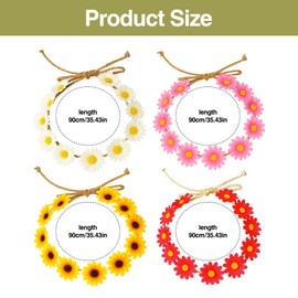 4pcs Daisy and Sunflower Flower Headband, Adjustable Boho Floral Hair Wreath, Beautiful Flower Crown, Flower Headbands for Women and Girls - Wedding, Beach, Festival