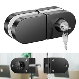 Ranbo Frameless Double-Sided Glass Door Lock,Clamp-On No-Drill,304 Stainless Steel,for 3/8"–1/2"(10-12mm) Swing Door,for Office,Storefront,3 Keys,Brushed Black—Double Swing Doors Floor Lock Required