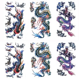 Yesallwas Tattoo Stickers, Dragon Tattoo , Realistic, Japanese Design, Japanese Carving, Body Stickers, Waterproof, Men's, F: 6 Piece Set (3.5 x 7.5 inches (9 x 19 cm))