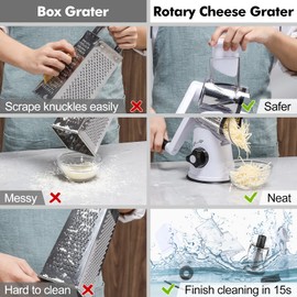 GDL Cheese Grater Rotary, Vegetable Slicer with 3 Interchangeable Drum Blades, Grater Kitchen Fast Cutting for Time Saving, Rotary Grater Suitable for Vegetable, Fruit, Nut, etc. Black