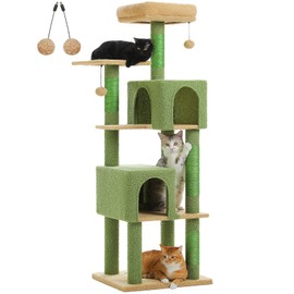 UYMI Cactus Cat Tree for Indoor Cats, 62" Multi-Level Cat Tower with 2 Spacious Condos, Scratching Pad, 4 Cat Scratching Posts, 2 Top Perches, 2 Pompoms, Green