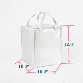10.2×10.2×12.6" Reusable Insulated Zipper Aluminum Foil Tote Bag Suit for Picnic Cake FruitDrink Refrigeration Also for Delivery of Takeaway Thermal Pizza Insulated Delivery (Laser Silver)